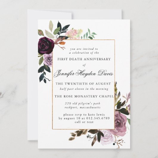 パープルメイブピンクフローラ一周忌 招待状 (正面)