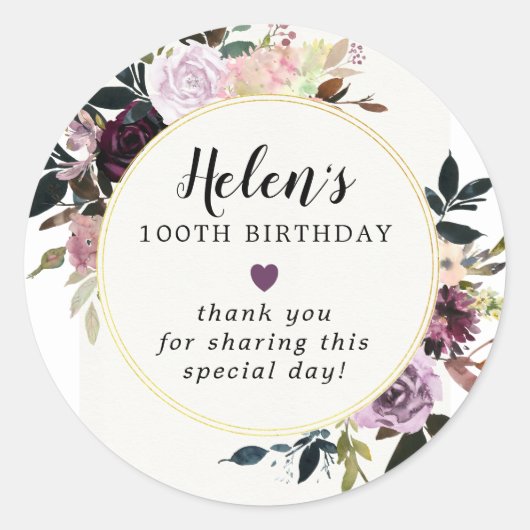 パープルメイブピンクフローラ100誕生日ありがとう ラウンドシール (正面)