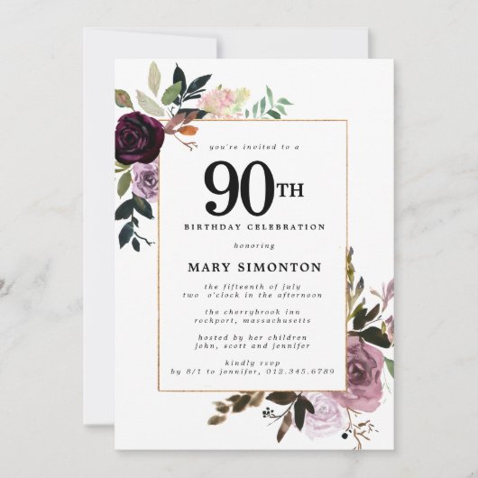 パープルメイブピンクフローラ90誕生日 招待状 (正面)