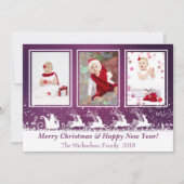 パープルメタリックサンタスノーフォトクリスマスカード シーズンカード (正面)