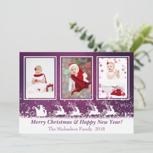 パープルメタリックサンタスノーフォトクリスマスカード シーズンカード (スタンド正面)