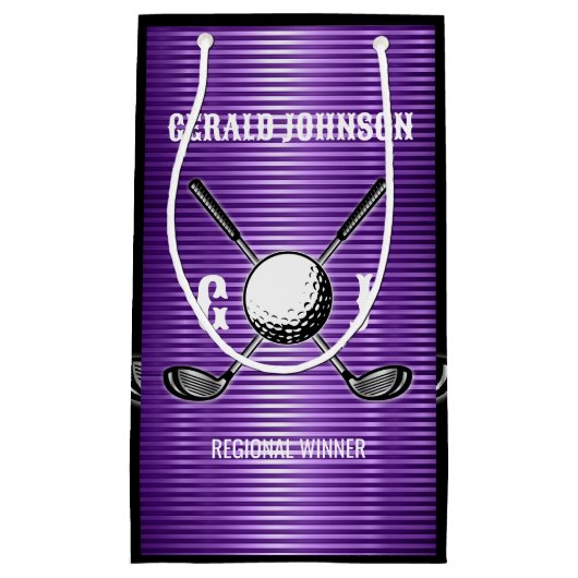 パープルメタリックラインズゴルフモノグラムデザイン スモールペーパーバッグ (正面)