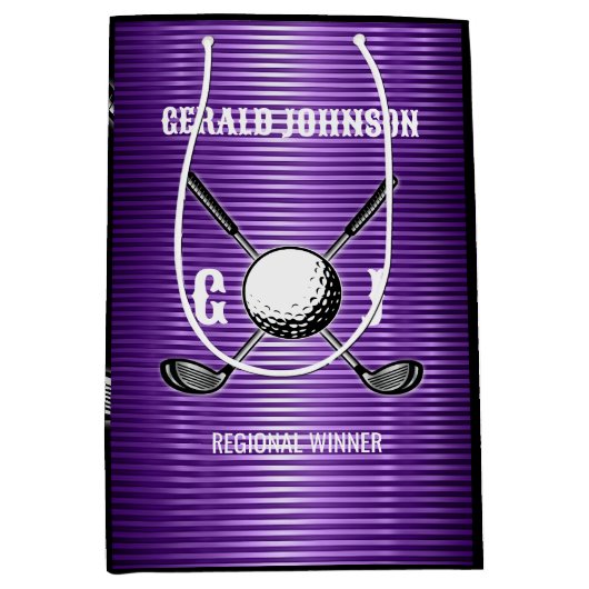 パープルメタリックラインズゴルフモノグラムデザイン ミディアムペーパーバッグ (正面)