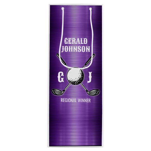 パープルメタリックラインズゴルフモノグラムデザイン ワインギフトバッグ (正面)
