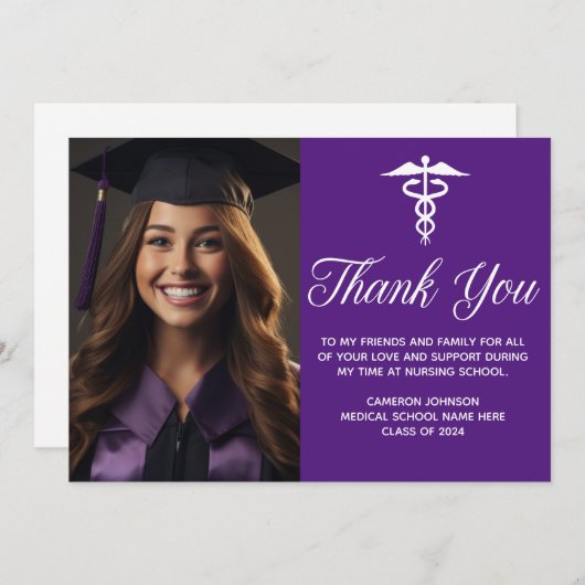 パープルメディカルスクール卒業写真カスタム サンキューカード (正面/裏面)