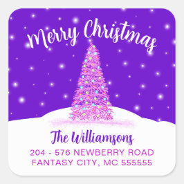 パープルメリークリスマスツリー差出人住所ラベル スクエアシール