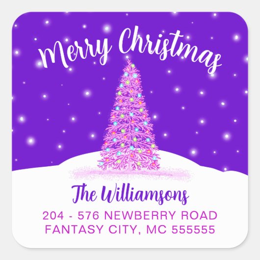 パープルメリークリスマスツリー差出人住所ラベル スクエアシール (正面)