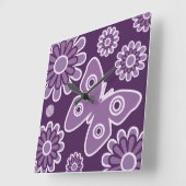 パープルモダンとラベンダーのフローラ春蝶 スクエア壁時計 (傾斜)