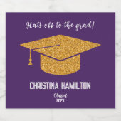 パープルモダンと金ゴールドの卒業キャップ スパークリングワインラベル (シングルラベル)