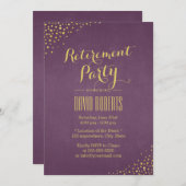 パープルモダンと金ゴールドドットの退職パーティー 招待状 (正面/裏面)