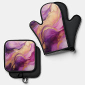 パープルモダンと金ゴールド抽象芸術ラグジュアリー –  鍋つかみ&鍋敷きセット (正面/裏面)