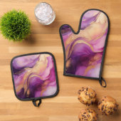 パープルモダンと金ゴールド抽象芸術ラグジュアリー –  鍋つかみ&鍋敷きセット (トップダウン)