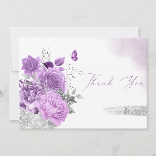 パープルモダンウォーター色フローラベビーガールシャワー サンキューカード (正面)