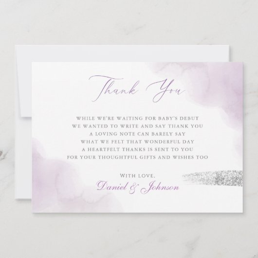 パープルモダンウォーター色フローラベビーガールシャワー サンキューカード (裏面)