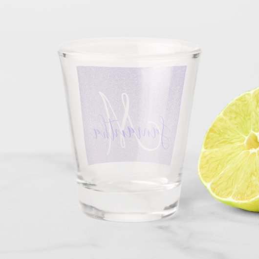 パープルモダングリッタースパークルパーソナライズされた名 ショットグラス (裏面)