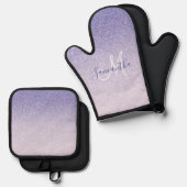 パープルモダングリッタースパークルパーソナライズされた名 鍋つかみ&鍋敷きセット (正面/裏面)