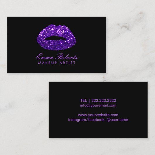 パープルモダングリッターリップメイクアップアーティスト 名刺 (正面/裏面)