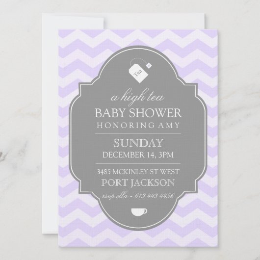 パープルモダンシェブロン高茶ベビーシャワー招待状 招待状 (正面)