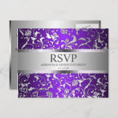 パープルモダンシルバーフローラウェディングRSVP インビテーションポストカード (正面/裏面)