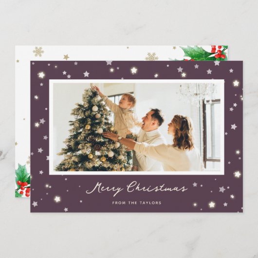 パープルモダンスターズメリークリスマスフォトカード シーズンカード (正面/裏面)
