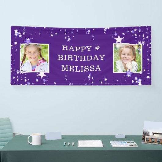 パープルモダンスターズ任意の年齢の誕生日写真名 横断幕 (トレードショー)