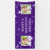 パープルモダンスターズ任意の年齢の誕生日写真名 横断幕 (縦)