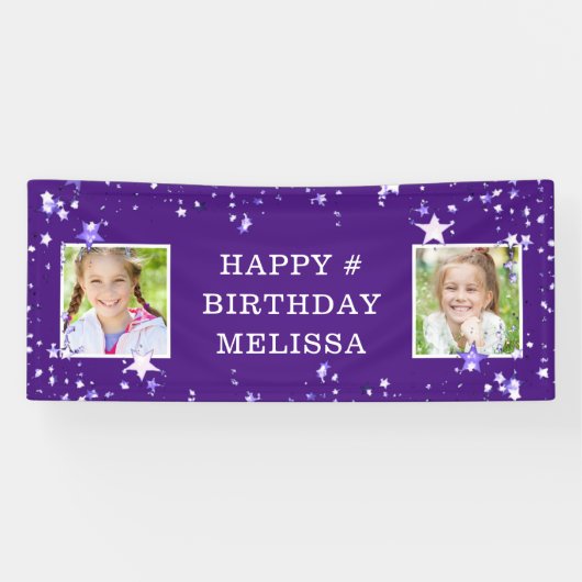 パープルモダンスターズ任意の年齢の誕生日写真名 横断幕 (横)