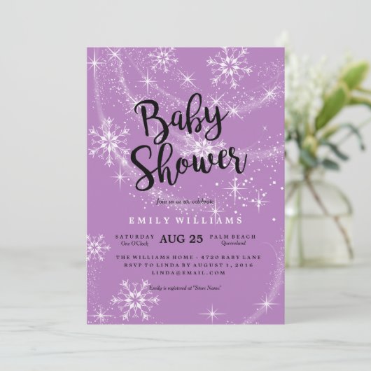 パープルモダンスノーフレーク赤ちゃんシャワー招待状 招待状 (スタンド正面)