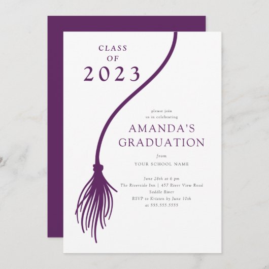 パープルモダンタッセル卒業パーティー招待状 招待状 (正面/裏面)