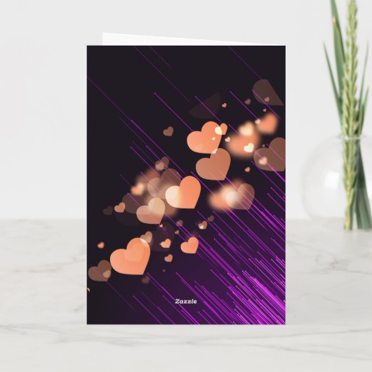 パープルモダンネオンハートキャッ結婚ト記念日 サンキューカード (裏面)