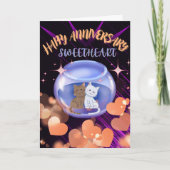 パープルモダンネオンハートキャッ結婚ト記念日 サンキューカード (正面)