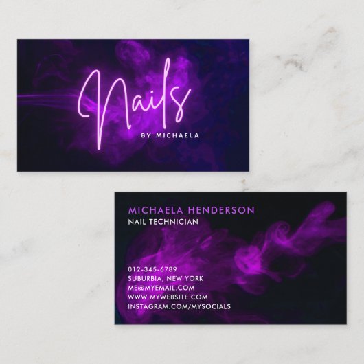 パープルモダンネオン&スモークネイリスト 名刺 (正面/裏面)