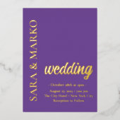 パープルモダンネームシンプルの結婚 箔招待状 (正面)