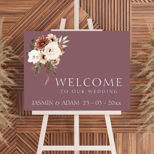 パープルモダンピーチフローラの結婚ウェルカムサイン ポスター