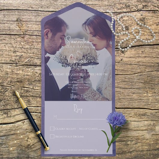 パープルモダンフォトNo Dinner オールインワン招待状