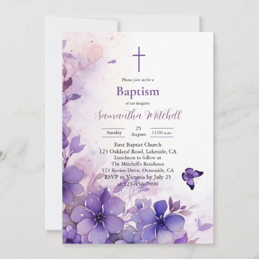 パープルモダンフラワーバプテスマ招待状 招待状 (正面)