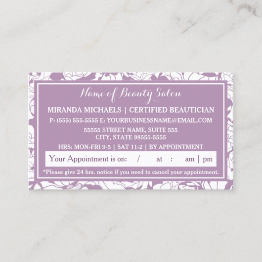 パープルモダンフローラサロンアポイントメントアラーム 予約カード (正面)