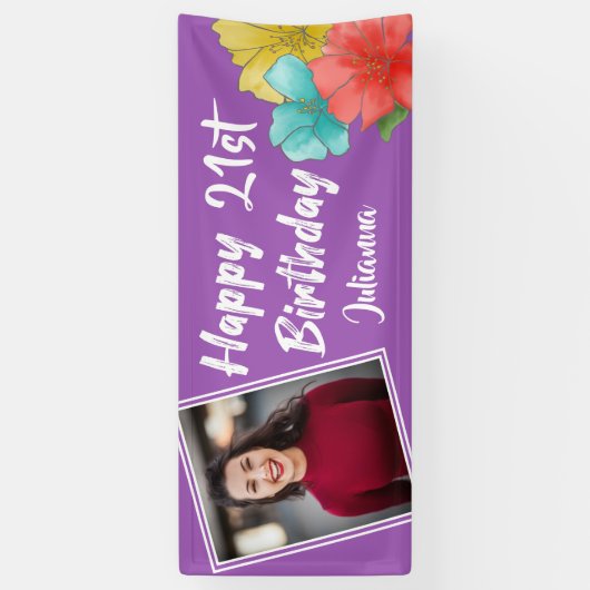 パープルモダンフローラハッピー21歳の誕生日の写真 横断幕 (縦)