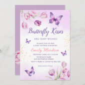 パープルモダンフローラバタフライガールベビーシャワー 招待状 (正面/裏面)