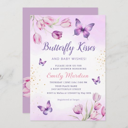パープルモダンフローラバタフライガールベビーシャワー 招待状 (正面/裏面)