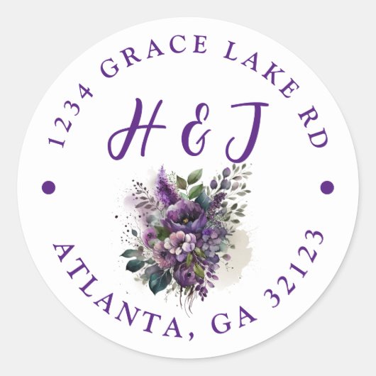 パープルモダンフローラボホ結婚の差出人住所 ラウンドシール (正面)