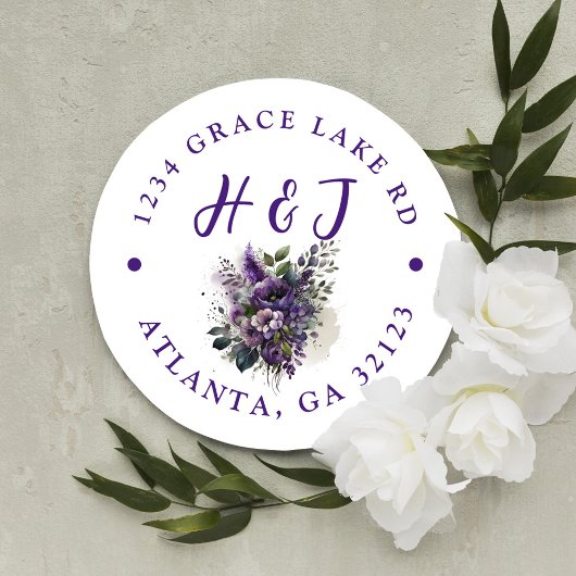 パープルモダンフローラボホ結婚の差出人住所 ラウンドシール