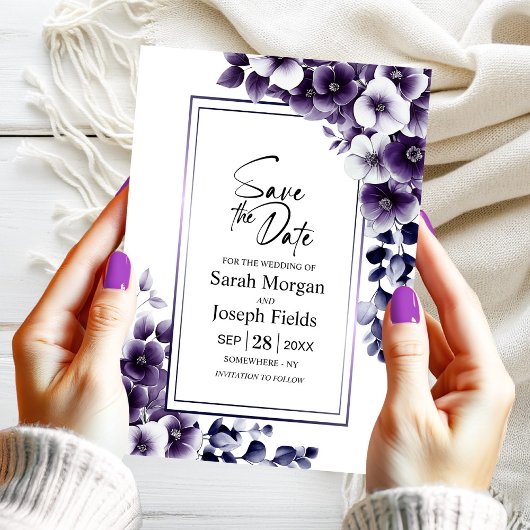 パープルモダンフローラ日付の保存 招待状