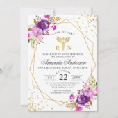 パープルモダンフローラ看護学校卒業 招待状 (正面)