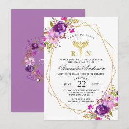 パープルモダンフローラ看護学校卒業 招待状