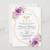 パープルモダンフローラ看護学校卒業 招待状 (正面)
