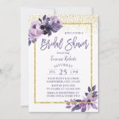 パープルモダンフローラ金ゴールドフレームブライダルシャワー 招待状 (正面)