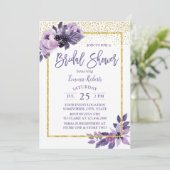 パープルモダンフローラ金ゴールドフレームブライダルシャワー 招待状 (スタンド正面)