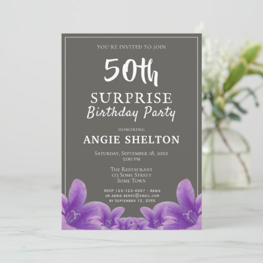 パープルモダンフローラ50thサプライズ誕生日パーティー 招待状 (スタンド正面)