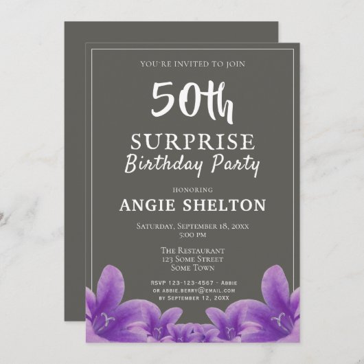 パープルモダンフローラ50thサプライズ誕生日パーティー 招待状 (正面/裏面)